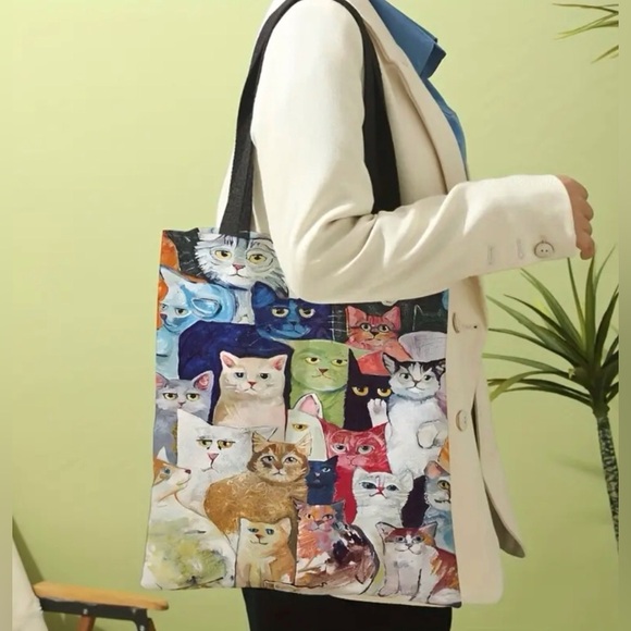 Fashion Kawaii Cats Pattern Shoulder Bag, Lightweight Shopper Tote Bag - Picture 1 of 11